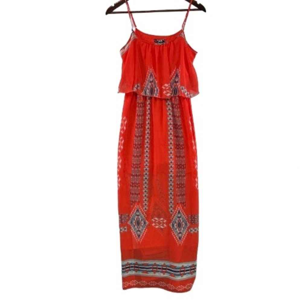 Sequin Hearts Maxi Dress Women Small Red Geometric Tribal Print Chiffon Overlay